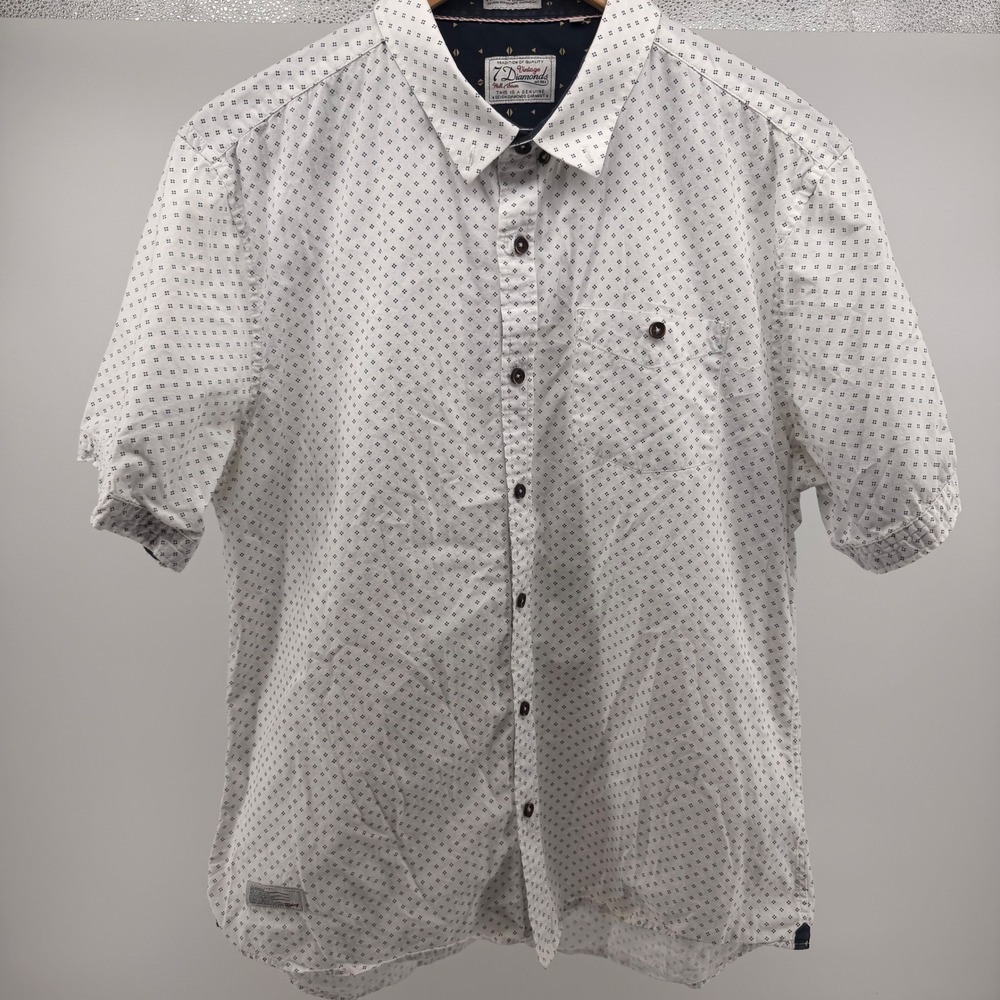 Seven Diamonds Mens White Geometric Print Short Sleeve Button‎ Up Shirt XL 0637